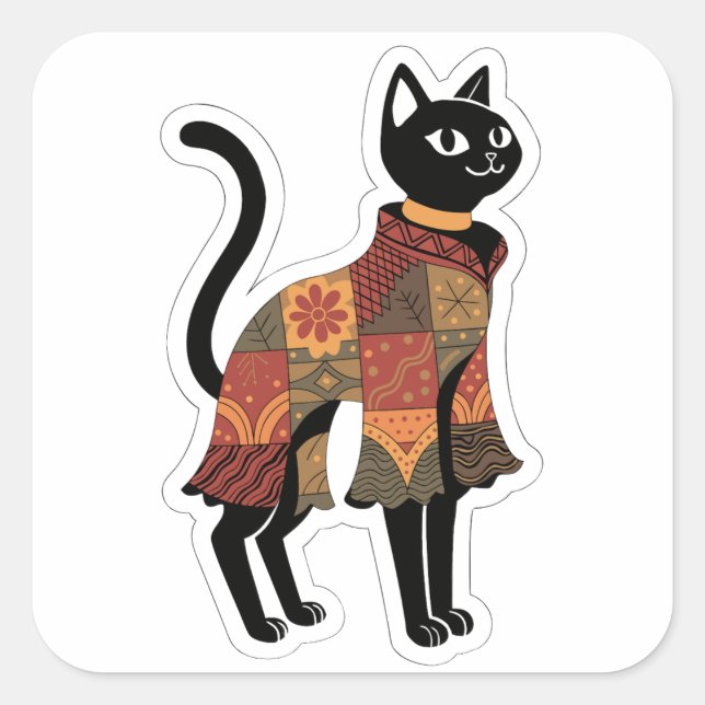 Autocollant d'art folklorique félin Boho Patchwork (Devant)