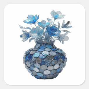 Autocollant d'art pour vase floral bleu argent pel