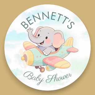 Autocollant de Baby Shower Avion Éléphant Aquarell