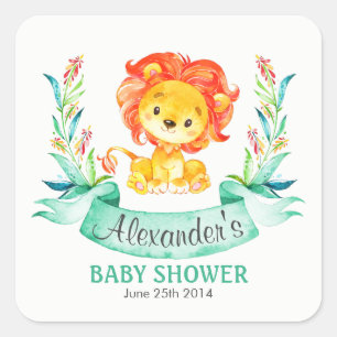 Autocollant de baby shower de lion d'aquarelle
