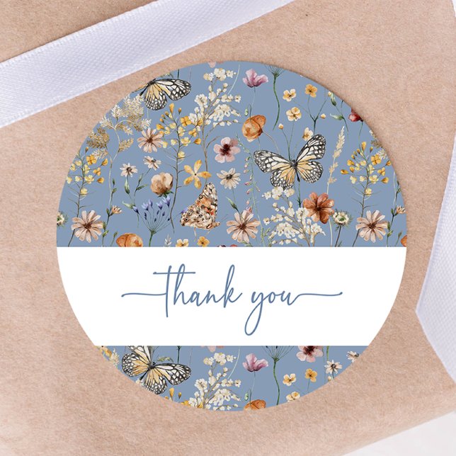 Autocollant de Baby shower Fleur sauvage Boho bleu (Blue Boho Wildflower Baby Shower Sticker by Painted Paperie
)