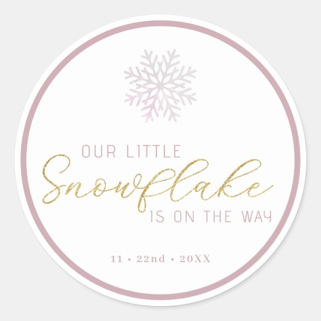 Autocollant de Baby Shower Flocon de Neige Rose (Devant)