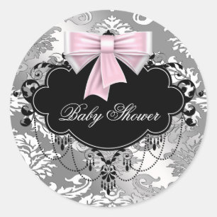 Autocollant de Baby Shower Rose Noir Damassé
