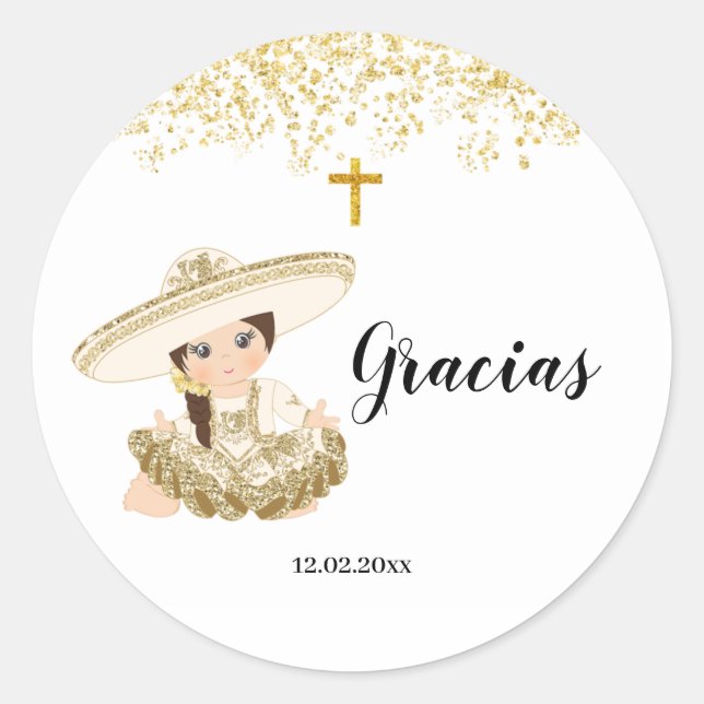 Autocollant de Baptême Charrita, fille d'or mexica (Devant)