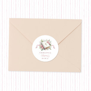 Autocollant de baptême de fleur rose moderne