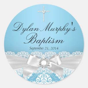 Autocollant de baptême en damas argenté et bleu &