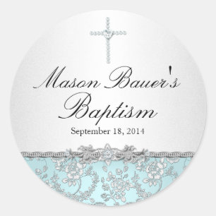 Autocollant de baptême Rose Bleue & Croix