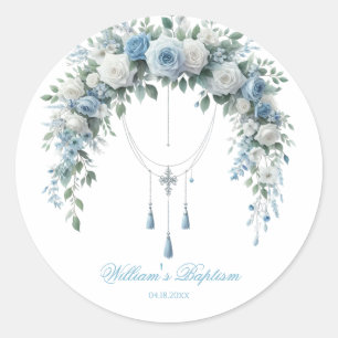Autocollant de baptême Rose Bleue & Croix d'Argent