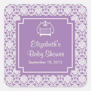 Autocollant de Carré de Baby shower pourpre Damask