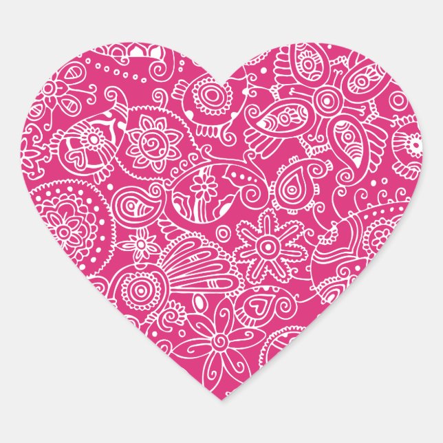 Autocollant de coeur Fuchsia Paisley (Devant)