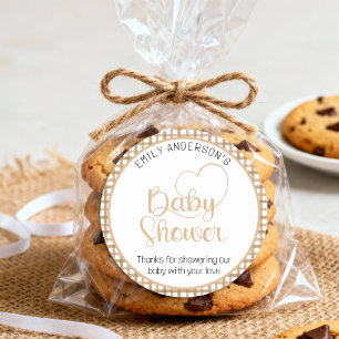Autocollant de faveur de Baby Shower Taupe Gingham