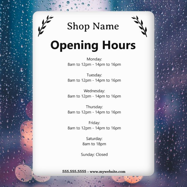 Autocollant de fenêtre d'horaires d'ouverture d'en (White Business Opening Hours Window Cling)