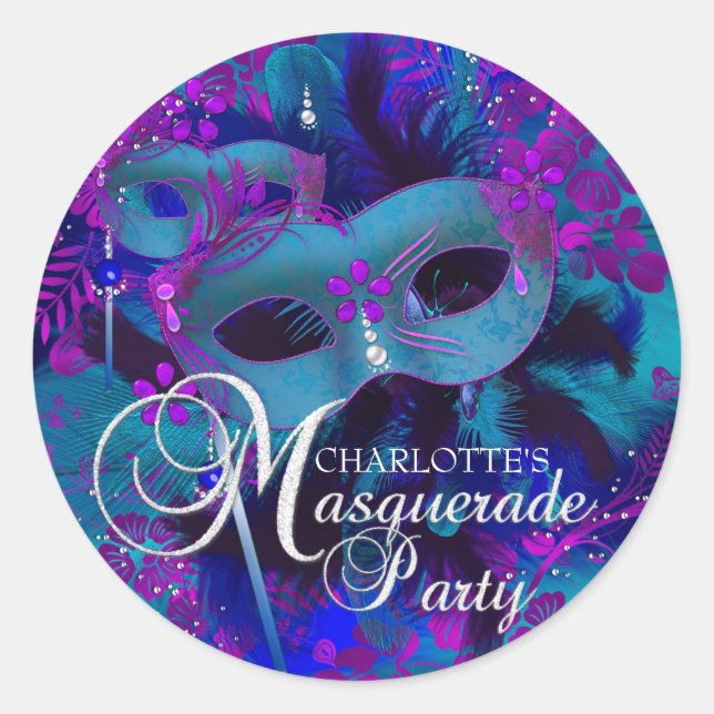 Autocollant de fête mascarade Turquoise et violett (Devant)