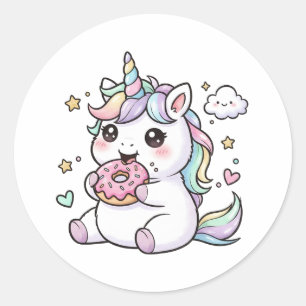 Autocollant de licorne kawaii mignonne mangeant un