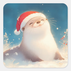 Autocollant de loutre de Noël adorable avec chapea