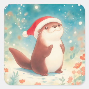 Autocollant de loutre mignonne de Noël avec chapea
