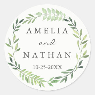 Autocollant de mariage à couronne de feuilles vert