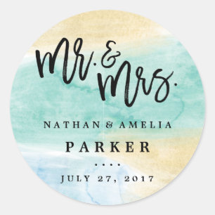 Autocollant de mariage à l'aquarelle bleu vert de 