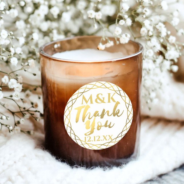 Autocollant de mariage à monogramme doré Merci (Just add your initials and special date this these fancy faux foil stickers.)