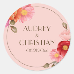 Autocollant de mariage au coquelicot aquarelle ros