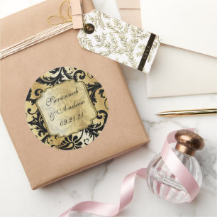 Autocollant de mariage en damas noir et or