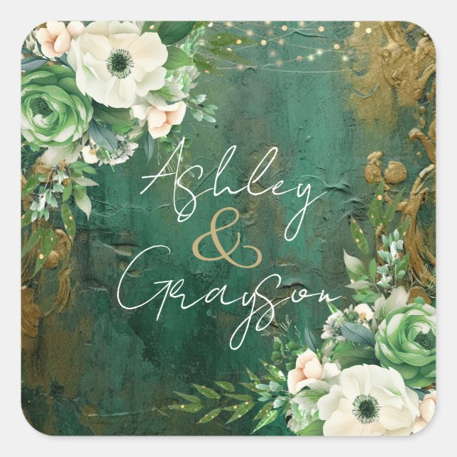 Autocollant de mariage floral romantique vert émer (Devant)