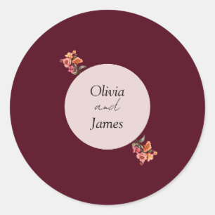 Autocollant de mariage floral rond Bourgogne pour