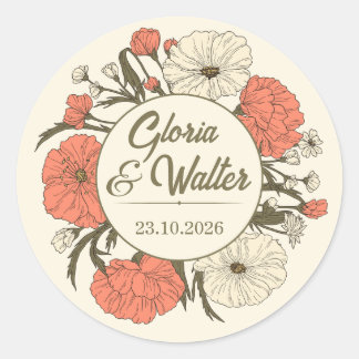 Autocollant de mariage vintage rouge beige illustr