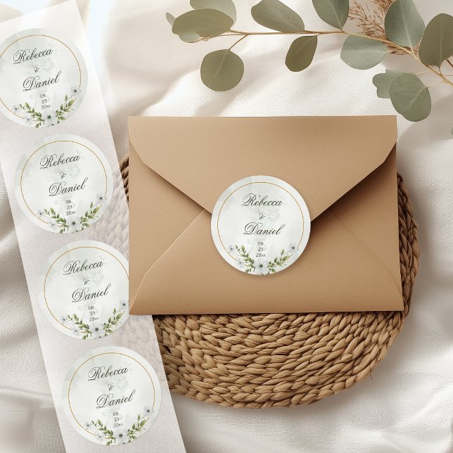 Autocollant de monogramme de mariage floral blanc  (Créateur téléchargé)