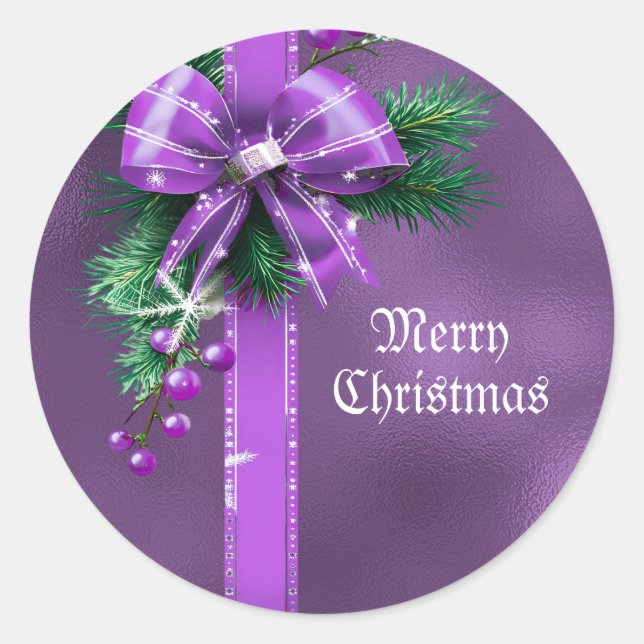 Autocollant de Noël de Bow pourpre (Devant)