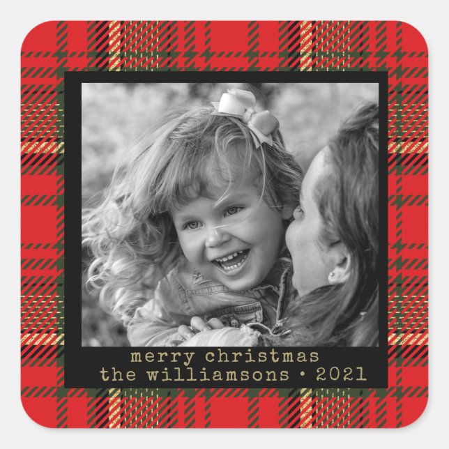 Autocollant de Noël de famille Red et Gold Plaid (Devant)