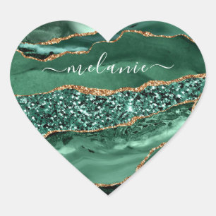 Autocollant de nom de marbre vert agate doré paill