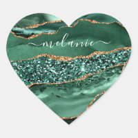 Autocollant de nom en marbre vert agate doré paill