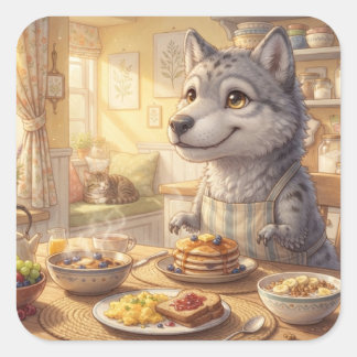 Autocollant de petit déjeuner de loup mignon