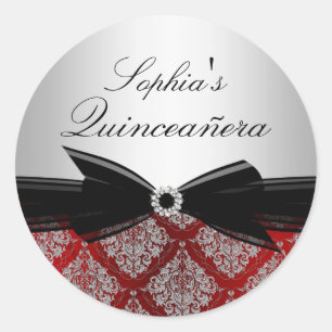 Autocollant de Quinceanera Damask & Bow rouge