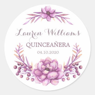 Autocollant de quincène fleurie d'aquarelle violet