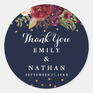 Autocollant de remerciement de mariage floral Navy