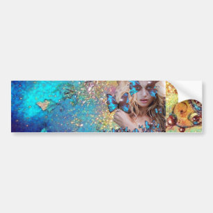 AUTOCOLLANT DE VOITURE BLUE BUTTERFLY WITH GREEN GOLD SPARKLES