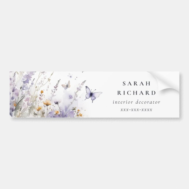 Autocollant De Voiture Chic Lilac Purple Fleur sauvage Papillon Aquarelle (Devant)