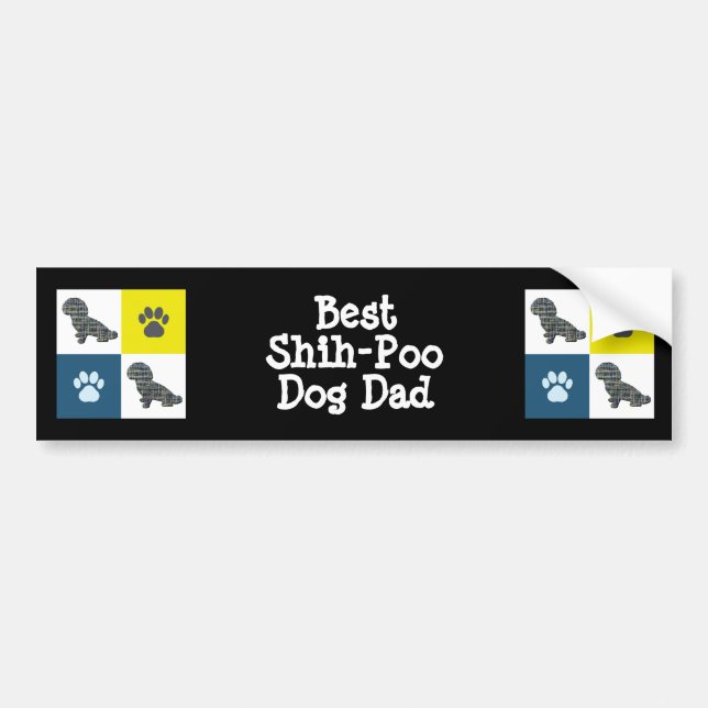 Autocollant De Voiture Chien Shih Poo Silhouette Jaune & Grille Bleue Mei (Devant)