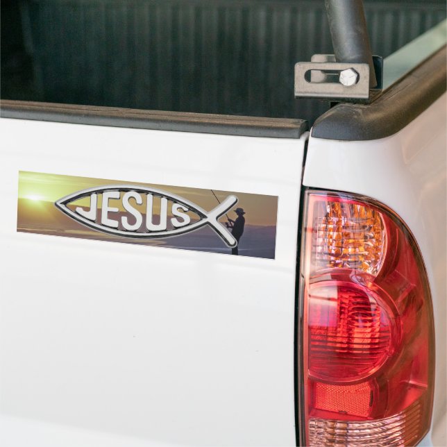 Autocollant De Voiture Jésus Poisson avec coucher de soleil et pêcheur (Sur camion)
