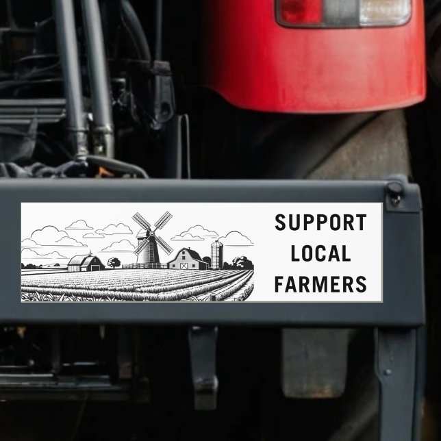 Autocollant De Voiture Soutien Agriculteurs locaux Arable Farm Windmill F (A bumper sticker with 'Support Local Farmers' slogan, with line art picture of farmland and windmill)