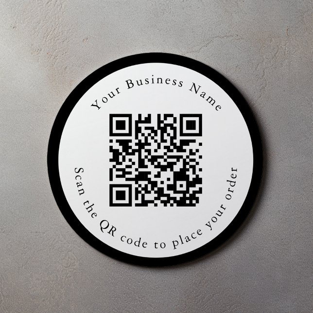 autocollant du menu du café/table d'affaires du co (Bold and simple round sticker with WR code, thick border, business details and scan instructions)