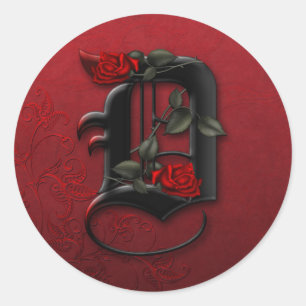 Autocollant du monogramme D de rose noir et rouge