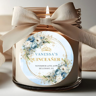 Autocollant Élégant Quinceañera Bleu Or Feuillage