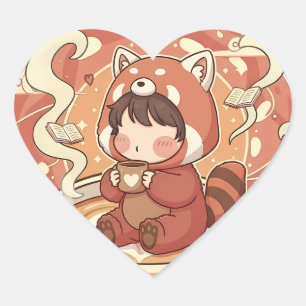 Autocollant en forme de cœur d'amour de panda roug