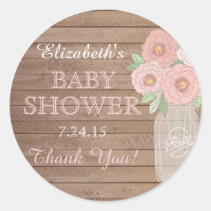 Autocollant Fête Bébé Rose Pot Mason Floral & Bois