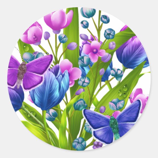 Autocollant floral bleu et violet avec papillons (Devant)