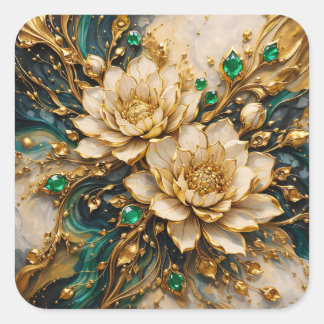 Autocollant floral orné de luxe émeraude et or en