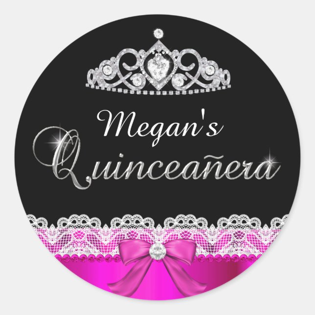 Autocollant Hot Pink Lace & Tiara Quinceanera (Devant)